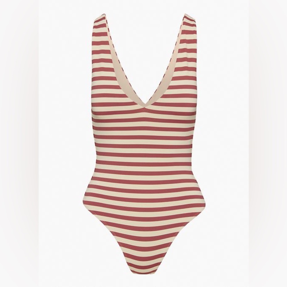 BABATON Contour V-neck Bodysuit - Red and Beige Stripe - M - NWT
